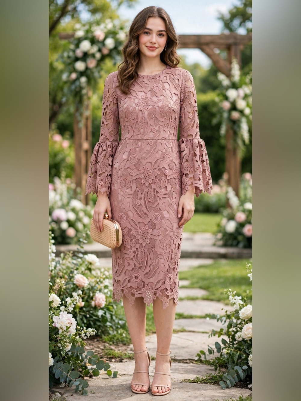 Rachel Parcell Dusty Rose Lace Bell Sleeve Dress XS- Wedding Guest Midi